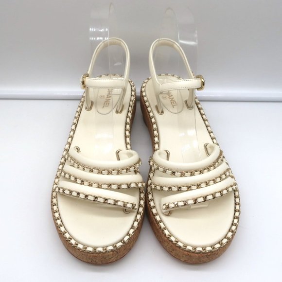 CHANEL CORK PLATFORM SANDALS CREAM CHAIN-TRIM LEATHER SIZE 37.5 CC ANKLE STRAP - Picture 4 of 12